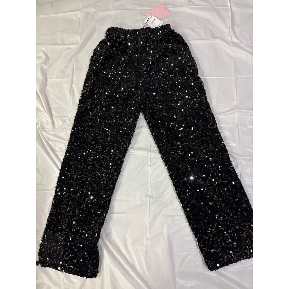 NWT Avec Les Filles Black Sequin Wide Leg Pants Women's Size XS Party Disco - Picture 5 of 10